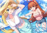  2girls :d ;d ahoge arm_up bare_arms bare_shoulders blonde_hair blue_eyes blue_shorts blue_sky blush breasts brown_eyes brown_hair brown_headwear camisole cleavage cloud collared_shirt commentary_request copyright_request cutoffs day dress_shirt frilled_camisole frills front-tie_top hair_ribbon hat highres horizon long_hair multiple_girls ocean one_eye_closed outdoors pink_camisole ponytail red_ribbon ribbon sarong shirt short_shorts shorts sky smile splashing straw_hat t@ke-g tied_shirt v-shaped_eyebrows very_long_hair water white_shirt 