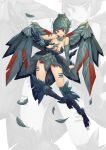  1girl absurdres animal_ears bangs bare_shoulders bird_ears bird_legs blush breasts claws cleavage feathers grey_feathers grey_hair grey_wings hair_up harpy highres medium_breasts monster_girl neck_ruff open_mouth original red_eyes red_feathers shitoi_(aqua1487) short_hair simple_background solo talons wings zoom_layer 