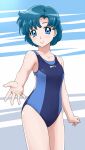  1girl bishoujo_senshi_sailor_moon blue_eyes blue_hair breasts collarbone commentary_request competition_swimsuit cowboy_shot dengeki_gx foreshortening highres mizuno_ami one-piece_swimsuit reaching_out short_hair small_breasts solo standing swimsuit two-tone_swimsuit 