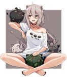  1girl animal_collar animal_ears bangs bare_legs barefoot biten black_collar black_nails black_shorts blush border breasts collar collarbone commentary_request crossed_legs fang feet full_body grey_eyes grey_hair hair_between_eyes highres hololive jewelry legs lion_ears lion_girl lion_tail long_hair medium_breasts nail_polish necklace off_shoulder open_mouth oversized_clothes oversized_shirt shirt shishiro_botan short_sleeves shorts sitting solo ssrb t-shirt tail thighs toenail_polish toenails toes virtual_youtuber white_border 