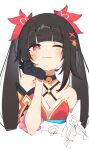  bare_shoulders bell brown_hair butterfly-shaped_pupils dress fang flower_tattoo gloves half-closed_eyes highres honkai:_star_rail honkai_(series) long_hair looking_at_viewer mark_under_both_eyes neck_bell one_eye_closed rasusurasu red_dress red_eyes red_sleeves single_glove sketch skin_fang sparkle_(honkai:_star_rail) symbol-shaped_pupils tattoo twintails white_background 