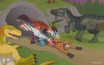 allosaurid allosaurus animal_genitalia baryonyx bestiality bodily_fluids brown_body brown_feathers cave claws clever_girls cloaca cloaca_juice clothed clothing clothing_pull daisy_(clever_girls) detailed_background dinosaur feathered_dinosaur feathered_scalie feathers female feral genital_fluids genitals green_body green_eyes grin group gun hi_res human human_on_feral interspecies larger_female larger_feral looking_at_another male mammal open_mouth orange_eyes plant prati_(clever_girls) prehistoric_species raised_tail ranged_weapon reptile sawyer_(clever_girls) scalie shade_(clever_girls) sharp_teeth size_difference smaller_human smile spinosaurid strohdelfin tail tailbutt teeth theropod thick_tail tree weapon white_body white_feathers yellow_body yellow_eyes