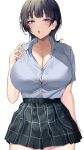  1girl :o absurdres asaka_karin bangs black_hair blue_eyes blush breasts cleavage collared_shirt commentary_request highres large_breasts looking_at_viewer love_live! love_live!_nijigasaki_high_school_idol_club namazu_(yamasonson) parted_lips shirt shirt_tucked_in short_sleeves simple_background skirt solo white_background 