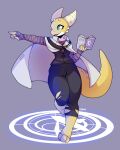  action_pose anthro bandaged_arm blue_eyes book cloak clothing errathimal_(zettra_thorn) female hi_res horn jacket kobold magic magic_circle magic_user miikotorii pose scales solo spots thick_tail topwear torn_clothing yellow_body yellow_scales 