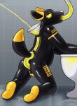  anthro black_body bodily_fluids drinking drinking_urine funnel_in_ass genital_fluids hacony hi_res hyaenid latex male mammal rubber solo toilet tube urine urine_in_ass urine_in_mouth watersports yellow_body yellow_eyes 