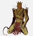  192_saioma 1boy armor asymmetrical_dual_wielding blood blood_on_clothes blood_on_weapon breastplate commentary dagger dark_souls_(series) dark_souls_i dual_wielding full_armor full_body gauntlets gold_armor helmet highres holding holding_dagger holding_knife holding_sword holding_weapon knife knight knight_lautrec_of_carim leg_armor looking_at_viewer male_focus pelvic_curtain seiza shotel simple_background sitting solo sword weapon white_background 