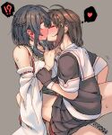  !? 2girls ahoge artist_logo artist_name bare_shoulders black_gloves black_hair black_serafuku black_skirt blush braid brown_hair closed_eyes detached_sleeves ergot fingerless_gloves gloves grey_background hair_flaps heart highres japanese_clothes kantai_collection kiss long_hair motion_lines multiple_girls nontraditional_miko pleated_skirt ribbon-trimmed_sleeves ribbon_trim school_uniform serafuku shigure_(kancolle) shigure_kai_ni_(kancolle) short_hair short_sleeves simple_background single_braid skirt white_sleeves wide_sleeves yamashiro_(kancolle) yuri 