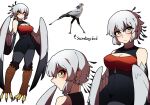  1girl bare_shoulders bird bird_legs black_wings blush breasts cleavage clothing_request commentary english_commentary facial_mark feather_hair gomulgong harpy highres monster_girl nose_blush original pants reference_inset secretarybird short_hair sleeveless talons torn_clothes torn_pants two-tone_wings white_hair white_wings winged_arms wings yellow_eyes 