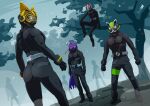  1girl 3boys 3others ass black_footwear black_gloves bodysuit buffalo cat clenched_hands commentary_request compound_eyes dreadlocks entry_form everyone forest fox gloves highres horns in_tree kamen_rider kamen_rider_buffa kamen_rider_geats kamen_rider_geats_(series) kamen_rider_na-go kamen_rider_tycoon long_hair mask multiple_boys multiple_others nature otokamu purple_hair scarf sitting sitting_in_tree tanuki tree white_scarf wrapping wrist_cuffs 