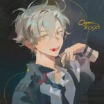  1boy black_background black_jacket black_necktie bracelet cable candy character_name chupa_chups collared_jacket collared_shirt commentary ear_piercing english_commentary ensemble_stars! food grey_hair hair_between_eyes hegong holding holding_candy holding_food holding_lollipop jacket jewelry lollipop long_sleeves male_focus messy_hair necktie ogami_koga open_clothes open_jacket open_mouth piercing ring shirt short_hair smile solo teeth upper_body upper_teeth_only white_shirt yellow_eyes 