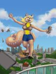  anthro big_breasts blonde_hair bottomwear breasts building city cityscape clear_sky clothing downtown explosion female fire hair happy hi_res invalid_background purple_pawn shorts tails_(disambiguation) top_bra view 