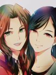  2girls aerith_gainsborough bangs black_bra black_hair bombyxmori_ckr bra brown_hair choker chromatic_aberration close-up earrings final_fantasy final_fantasy_vii final_fantasy_vii_remake green_eyes grey_background highres jacket jewelry long_hair looking_at_viewer multiple_girls open_mouth parted_bangs red_eyes red_jacket shirt sidelocks smile teeth tifa_lockhart underwear upper_teeth white_shirt 