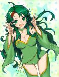  1girl aged_up breasts cleavage detached_sleeves double_v earrings final_fantasy final_fantasy_iv green_eyes green_hair green_leotard hair_ornament highres jewelry large_breasts leotard long_hair looking_at_viewer open_mouth rydia_(ff4) smile solo thighhighs v 