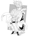  2boys big_hair cape clenched_hands closed_mouth dragon_ball dragon_ball_super dragon_ball_super_super_hero dragon_ball_z dual_persona fenyon full_body gohan_beast greyscale highres light_smile male_focus monochrome multiple_boys serious son_gohan spiked_hair standing super_saiyan super_saiyan_2 wristband 