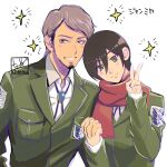  1boy 1girl artist_name beard black_hair brown_hair chienu clenched_teeth closed_mouth commentary_request couple facial_hair formal grey_eyes hetero jean_kirstein long_sleeves looking_at_viewer mikasa_ackerman multicolored_hair official_alternate_costume red_scarf scarf shingeki_no_kyojin short_hair sideburns smile survey_corps_(emblem) teeth translation_request two-tone_hair v 