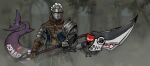  1other ambiguous_gender armor blue_shirt brown_gloves chainmail chosen_undead commentary cosplay dark_souls_(series) dark_souls_i ellen_joe ellen_joe_(cosplay) english_commentary faulds fins fish_tail gloves grey_background highres holding holding_polearm holding_weapon knight maid_headdress other_focus pauldrons polearm pun shark_tail shirt shoulder_armor single_pauldron solo spear stirfriedspam tail tree upper_body weapon zenless_zone_zero 