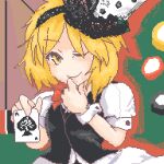  1other ace_(playing_card) ace_of_spades androgynous black_hairband black_vest blonde_hair brown_background buttons card closed_mouth collared_vest commentary_request cowboy_shot dice_hair_ornament drop_shadow eyelashes floating_clothes hair_ornament hairband hand_on_own_chin highres holding holding_card len'en nosfelamet one_eye_closed other_focus pixel_art playing_card puffy_short_sleeves puffy_sleeves roulette_table shirt short_hair short_sleeves smile solo spade_(shape) table vest white_shirt white_wrist_cuffs wrist_cuffs xeno_a yellow_eyes 