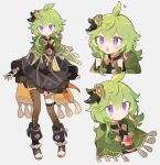  1girl :o ahoge asymmetrical_legwear bangs black_footwear blush boots brown_socks brown_thighhighs capelet clenched_hands closed_mouth collei_(genshin_impact) crossed_bangs genshin_impact green_capelet green_hair grey_background hair_between_eyes hair_ornament highres kabe_sakana kneehighs multiple_views open_mouth parted_lips purple_eyes simple_background single_kneehigh single_sock single_thighhigh socks sweat tassel thighhighs thighlet 