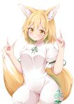  1girl animal_ears blonde_hair blush closed_mouth double_fox_shadow_puppet fox_ears fox_shadow_puppet fox_tail green_ribbon hair_between_eyes kudamaki_tsukasa ribbon romper rururiaru short_hair short_sleeves simple_background smile solo tail touhou white_background white_romper yellow_eyes 