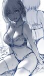  1girl bra breasts cleavage collarbone commentary english_commentary hair_between_eyes hair_ribbon hews highres large_breasts looking_at_viewer lycoris_recoil mirror monochrome navel nishikigi_chisato open_mouth panties reflection ribbon short_hair sitting sketch smile solo sweat thighhighs underwear underwear_only 