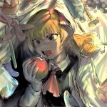  1girl alternate_eye_color apple ascot bacon bangs black_eyes black_vest blonde_hair cheese collared_shirt eating flat_chest food fork fruit hakonnbo holding holding_food holding_fruit looking_afar open_mouth red_apple red_ascot rumia sausage shirt short_hair solo touhou upper_body vest white_shirt 