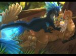 avian balls bdsm bondage bound duo feral genitals gryphon hi_res lying male mythological_avian mythological_creature mythology omez on_back pawpads penis scalie size_difference smile