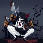  1girl ascot bangs biohazard_symbol black_footwear black_hair black_panties black_skirt blood blood_stain bow colored_skin cookie_(touhou) flat_chest full_body grey_background hair_bow highres long_hair long_sleeves looking_at_viewer mary_janes open_mouth panties pixel_art pool_of_blood red_ascot red_bow red_eyes shaded_face shirt shoes side_ponytail sign siyudi_(cookie) skirt smile solo sparseseethe squatting suspender_skirt suspenders underwear warning_sign white_shirt white_skin 