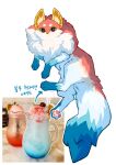  2022 absurd_res ambiguous_gender beverage black_eyes blue_body blue_fur blue_hawaiian_(drink) blue_tail canid canine color_fox eyebrows feral fox fur hi_res looking_at_viewer mammal multicolored_body multicolored_fur pawpads quadruped red_body red_fur solo tan_body tan_fur white_body white_fur 