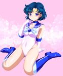  1girl bishoujo_senshi_sailor_moon blue_bow blue_choker blue_eyes blue_footwear blue_hair blue_sailor_collar bow breasts choker commentary_request covered_navel elbow_gloves gloves highleg highleg_leotard highres leotard magical_girl medium_breasts mizuno_ami pink_background pirochi sailor_collar sailor_mercury sailor_senshi_uniform short_hair simple_background sitting solo tiara wariza white_background white_gloves 