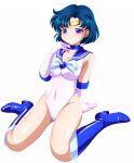  1girl bishoujo_senshi_sailor_moon blue_bow blue_choker blue_eyes blue_footwear blue_hair blue_sailor_collar bow breasts choker commentary_request covered_navel elbow_gloves gloves highleg highleg_leotard highres leotard magical_girl medium_breasts mizuno_ami pirochi sailor_collar sailor_mercury sailor_senshi_uniform short_hair simple_background sitting solo tiara wariza white_background white_gloves 