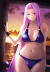  1girl backlighting bangs bare_shoulders bikini blue_bikini breasts cleavage collarbone fate/stay_night fate_(series) forehead gradient_sky highres large_breasts long_hair looking_at_viewer medusa_(fate) medusa_(rider)_(fate) minami_koyogi navel orange_sky parted_bangs purple_eyes purple_hair sidelocks sky solo sunset swimsuit thighs twilight very_long_hair 