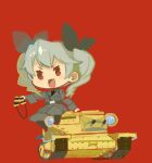  1girl anchovy_(girls_und_panzer) black_necktie black_ribbon chibi drill_hair full_body girls_und_panzer green_hair ground_vehicle hair_ribbon long_hair looking_at_viewer military military_vehicle mota motor_vehicle necktie open_mouth ribbon simple_background smile solo tank twin_drills twintails 