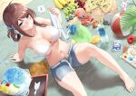  1girl alternate_costume banana barefoot bikini bottle breasts cherry chougei_(kancolle) cleavage crab cross-laced_clothes cross-laced_shorts curvy enemy_lifebuoy_(kancolle) food fruit grapes grey_eyes highres kantai_collection large_breasts looking_at_viewer medium_hair navel partially_submerged pizza plump red_hair shorts smile solo spoken_sweatdrop sweatdrop swimsuit water_bottle white_bikini yui_(seiga) 