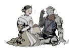  192_saioma 1girl 1other ambiguous_gender armor armored_boots blue_tunic boots braid brown_hair capelet chosen_undead clapping closed_eyes commentary dark_souls_(series) dark_souls_i dress dusk_of_oolacile full_body gauntlets grey_dress head_wreath highres indian_style knight long_dress open_mouth pauldrons short_hair shoulder_armor simple_background sitting smile tunic white_background white_capelet 