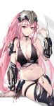  1girl absurdres arm_blade black_bra black_choker black_panties black_thighhighs blade bra breasts choker cleavage cosplay head-mounted_display highres hololive hololive_english keisuke_desu~ large_breasts long_hair looking_at_viewer mori_calliope navel panties pink_eyes pink_hair predator predator_(cosplay) predator_(movie) simple_background sitting thigh_strap thighhighs underwear vambraces very_long_hair virtual_youtuber weapon white_background 