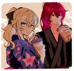  1boy 1girl alternate_costume bangs black_ribbon blonde_hair bubble_tea cup diluc_(genshin_impact) disposable_cup earrings floral_print genshin_impact hair_between_eyes hair_ribbon highres holding holding_cup japanese_clothes jean_(genshin_impact) jewelry kimono long_hair looking_at_viewer obi ponytail red_eyes red_hair ribbon rome_romedo sash simple_background upper_body yukata 