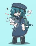  +++ 1girl animal animal_hug backpack bag bangs beret black_footwear blue_background blue_dress blue_eyes blue_hair blue_headwear blue_sailor_collar blush boots commentary_request dress fuka-chan grey_pantyhose grin hair_between_eyes hat heart highres knee_boots master_sgt_mine original pantyhose sailor_collar shadow shark sharp_teeth short_eyebrows short_sleeves simple_background smile solo teeth thick_eyebrows 