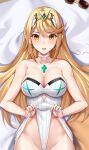  1girl bangs bare_shoulders blonde_hair blush breasts chest_jewel cleavage clothes_lift clothes_pull clothes_tug gem headpiece jewelry large_breasts long_hair looking_at_viewer matrix16 mythra_(radiant_beach)_(xenoblade) mythra_(xenoblade) one-piece_swimsuit solo strapless strapless_swimsuit swept_bangs swimsuit swimsuit_pull tiara very_long_hair white_one-piece_swimsuit xenoblade_chronicles_(series) xenoblade_chronicles_2 yellow_eyes 