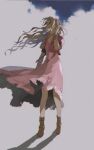  1girl aerith_gainsborough bangle bangs bombyxmori_ckr boots bracelet brown_footwear brown_hair buttons choker cloud cloudy_sky cropped_jacket dress final_fantasy final_fantasy_vii final_fantasy_vii_remake frilled_dress frills full_body hair_ribbon hand_in_own_hair highres jacket jewelry long_dress long_hair parted_bangs pink_dress pink_ribbon ponytail red_jacket ribbon short_sleeves sky solo standing wavy_hair 