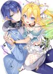  1boy 1girl :d blonde_hair blue_eyes blue_hair blue_jacket blue_pants blush bow bracelet chain closed_mouth fishnet_thighhighs fishnets green_eyes grey_scarf hair_bow houbami_reiji interlocked_fingers isekai_nara_neet_ga_hataraku_to_omotta? jacket jewelry long_hair looking_at_viewer nekometaru open_mouth original pants pointy_ears ponytail scarf short_hair simple_background smile thighhighs tifalycia_cleargreen white_background white_bow 