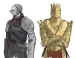  192_saioma 1boy 1girl armor black_shirt blue_tabard chosen_undead commentary cowboy_shot crossed_arms dark_souls_(series) dark_souls_i full_armor gauntlets helmet highres knight knight_lautrec_of_carim looking_afar looking_at_viewer pauldrons sheath sheathed shirt shoulder_armor simple_background sword tabard weapon white_background 
