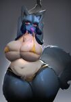  anthro belly big_breasts bikini black_body black_fur blue_body blue_fur blush breasts clothed clothing curvy_figure dripping eating eyelashes female fluffy fluffy_tail food fur generation_4_pokemon glistening huge_breasts huge_thighs looking_at_viewer lucario navel nintendo orange_eyes pokemon pokemon_(species) popsicle popsicle_in_mouth popsicle_melting portrait simple_background skimpy solo standing stretching swimwear tan_body tan_fur thick_thighs three-quarter_portrait tight_clothing utterangle video_games voluptuous wide_hips yellow_bikini yellow_clothing yellow_swimwear 