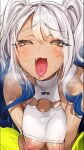  1girl ahegao ahoge blue_hair blush breasts dark-skinned_female dark_skin gradient_hair grey_hair large_breasts multicolored_hair nekometaru nipples original piercing smile solo tongue tongue_out tongue_piercing twintails upper_body 