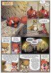 anthro areola biped blue_eyes bodily_fluids border bottomwear brown_body brown_bottomwear brown_clothing brown_fur brown_loincloth brown_nose canid canine cave cheek_tuft chest_tuft claws clothed clothing comic countershade_face countershade_fur countershade_neck countershade_torso countershading detailed_background dialogue digital_media_(artwork) drawing_in_a_drawing duo english_text facial_tuft finger_claws fingers fire fluffy fluffy_tail fox front_view fur fur_markings furniture geminisaint gloves_(marking) head_tuft hi_res inside loincloth looking_at_another male mammal markings motion_lines multicolored_body multicolored_fur navel nipples onomatopoeia open_mouth page_number parchment pawpads paws pebble pink_pawpads porah purple_background red_body red_fur rock sad shadow shocked side_view silhouette simple_background sitting sleeping slightly_chubby slightly_chubby_anthro slightly_chubby_male snout sound_effects sparkles sparkling_eyes speech_bubble stalactite stalagmite standing surin sweat sweatdrop table tail tan_body tan_fur teeth text topless torch tuft unreadable_writing url vowelless vowelless_sound_effect waking_up white_border yellow_background zzz
