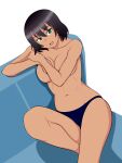  1girl bangs black_hair black_panties bob_cut breasts commentary couch dark-skinned_female dark_skin girls_und_panzer green_eyes head_tilt highres hoshino_(girls_und_panzer) knee_up large_breasts leaning_to_the_side looking_at_viewer navel on_couch open_mouth panties short_hair sitting smile solo tanaka_rikimaru topless underwear underwear_only white_background 