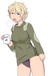  1girl bangs black_panties blonde_hair blue_eyes braid brown_sweater coffee_mug commentary cowboy_shot cup darjeeling_(girls_und_panzer) frown girls_und_panzer half-closed_eyes holding holding_cup long_sleeves looking_at_viewer mug no_pants open_mouth panties short_hair sigh simple_background solo standing steam sweatdrop sweater tanaka_rikimaru twin_braids underwear white_background wrinkled_fabric 