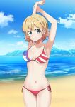  1girl absurdres american_flag_bikini arms_up bangs beach bikini blonde_hair blue_eyes blue_sky breasts cloud collarbone commentary_request crossed_bangs day flag_print highres horizon kanojo_okarishimasu medium_breasts nanami_mami navel ocean outdoors short_hair side-tie_bikini_bottom sky solo swimsuit yajuu_tarou 