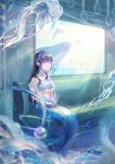  1girl absurdres bangs black_hair cellphone closed_mouth commentary_request hand_grip high_heels highres holding holding_clothes holding_footwear jellyfish long_hair meiyo mermaid monster_girl original phone pointy_ears scales sitting smartphone smile solo train_interior underwater vehicle_interior whale 