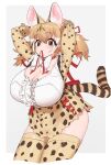  1girl animal_costume animal_ear_fluff animal_ears bow bowtie breasts brown_eyes brown_hair cat_ears cat_girl cat_tail highres huge_breasts kakanashi1 kemono_friends kemono_friends_v_project kneehighs large-spotted_genet_(kemono_friends) large_breasts long_hair looking_at_viewer microphone multicolored_hair ribbon shirt simple_background skirt socks solo tail twintails virtual_youtuber 