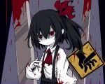  1girl ascot bangs black_hair black_skirt blood blood_drip blood_splatter bow closed_mouth collared_shirt colored_skin commentary_request cookie_(touhou) expressionless flat_chest hair_bow highres long_hair looking_at_viewer pixel_art red_ascot red_bow red_eyes road_sign shaded_face shirt side_ponytail sign siyudi_(cookie) skirt solo sparseseethe suspender_skirt suspenders upper_body warning_sign white_shirt white_skin 